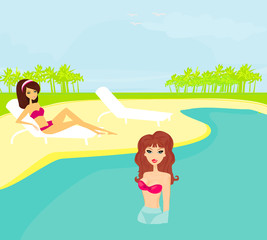 Obraz na płótnie Canvas image of girls and tropical pool