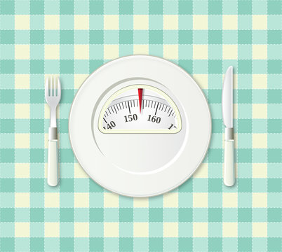 Plate with a weight balance scale. Diet concept.