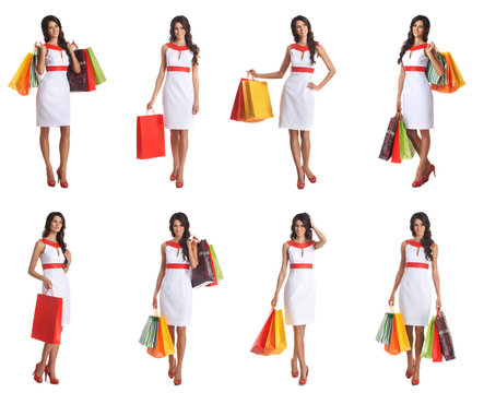 A collage of young women in a dress and holding bags