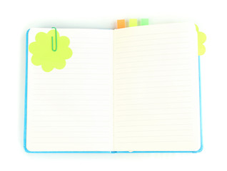 Open note book with stickies isolated on white