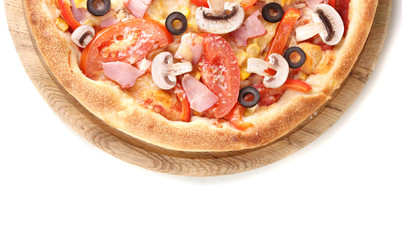 Tasty pizza close-up isolated on white