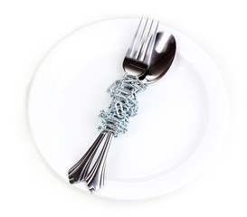 Fork and spoon with chain on plate isolated on white