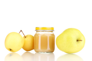 Jar of baby puree and apples isolated on white