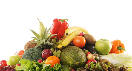 A pile of fresh and tasty fruits isolated on a white background