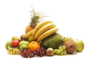 A pile of fresh and tasty fruits isolated on a white background