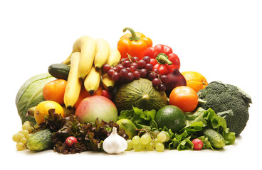 Pile of fresh and tasty fruits and vegetables isolated on white