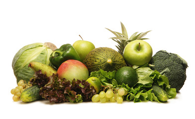 Pile of fresh and tasty fruits and vegetables isolated on white