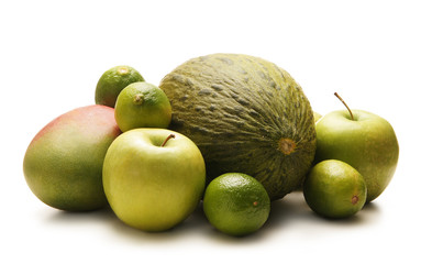 A pile of fresh and tasty fruits on a white background