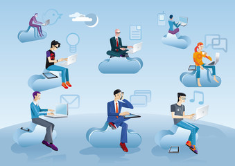 Cloud Computing Men Sitting In Clouds With Icons