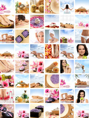 A collage of spa treatment images with young women