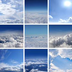 A collage of images with beautiful blue sky and clouds