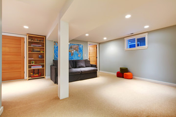 Large blue basement living room with sofa.
