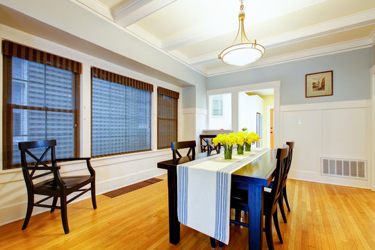 Nice grey blue house dining room interior.