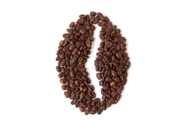 Big coffee bean shape made of coffee beans, white background