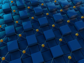 Blue cubes connected via orange balls