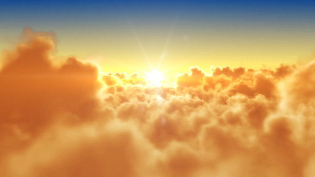 Flying over the clouds with the evening sun. HD. Seamless.