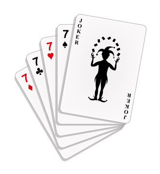 Playing cards - four sevens and joker