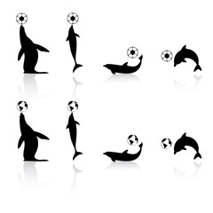 Marine animals silhouettes with football and Earth symbols