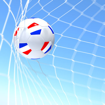 3d rendering of a Netherlands flag on soccer ball in a net