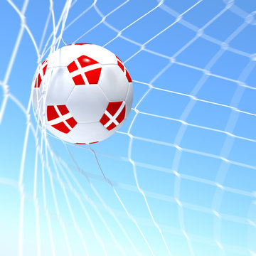 3d rendering of a Denmark flag on soccer ball in a net