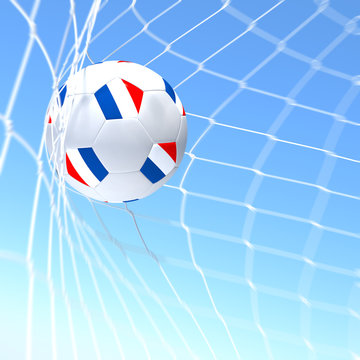 3d rendering of a France flag on soccer ball in a net