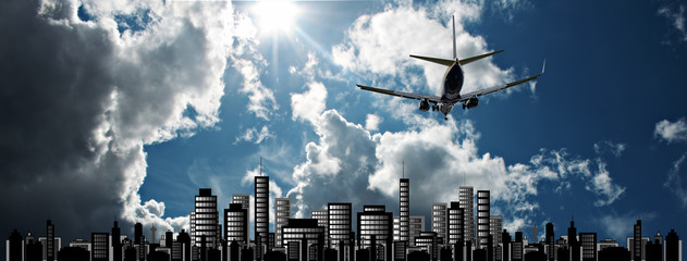 Passenger jet set against sunshine sky with cityscape illustrati