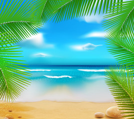 vetorny landscape with a sky-blue ocean, golden sands and palm t