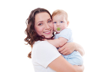 stdio portrait of smiley mother with baby