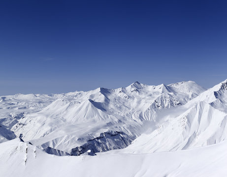 Panorama of snowy mountains. Caucasus Mountains, Georgia.
