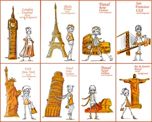 Foto auf Acrylglas Doodle Cartoon-Mode-Mädchen reist um die Welt, Vektor-Hintergrund