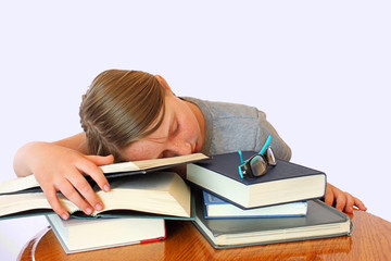 Young Girl With Freckles Sleeping On Books