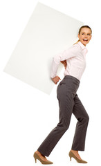 Woman holding blank poster