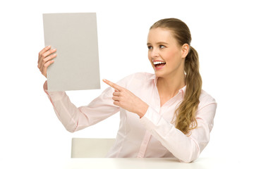 Woman holding blank poster