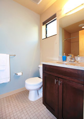 Obraz na płótnie Canvas Small blue bathroom with wood cabinet.