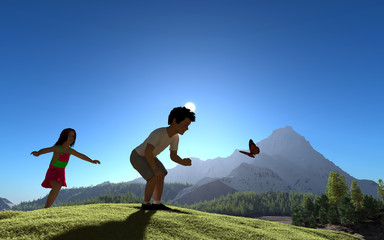 Obraz premium Kids and butterflies.