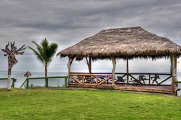 Fototapeta na wymiar wooden hut with a roof of palm leaves