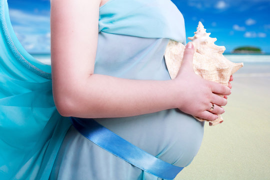 belly of a pregnant woman with a seashell close up on the sea beach background