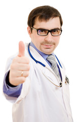 A doctor with a stethoscope and glasses gesture shows okay