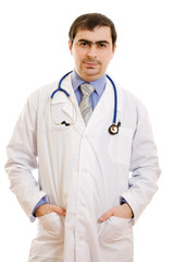 Fototapeta premium A doctor with a stethoscope on a white background.
