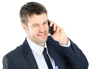 Portrait of a business man with phone isolated on