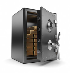 Steel safe box and gold 3D. Protection concept. Isolated on whit