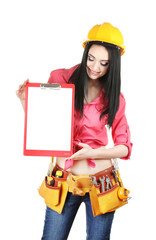 beautiful young girl-builder  holding folder isolated on white