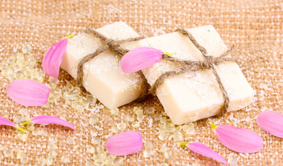 Hand-made herbal soap on sackcloth