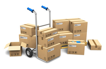 Cardboard boxes and hand truck