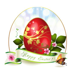 Easter card with red egg and butterfly
