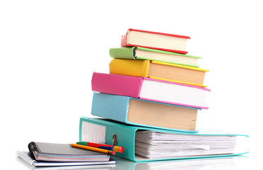 Bright office folder and books with stationery isolated on white