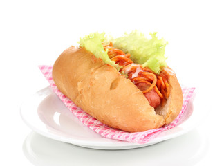 Appetizing hot dog on plate isolated on white