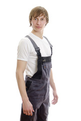 Young warehouse worker. Isolated on white