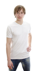 Casual young man in white t-shirt with jeans.