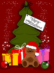 Bär, Weihnachtsbaum und Geschenke